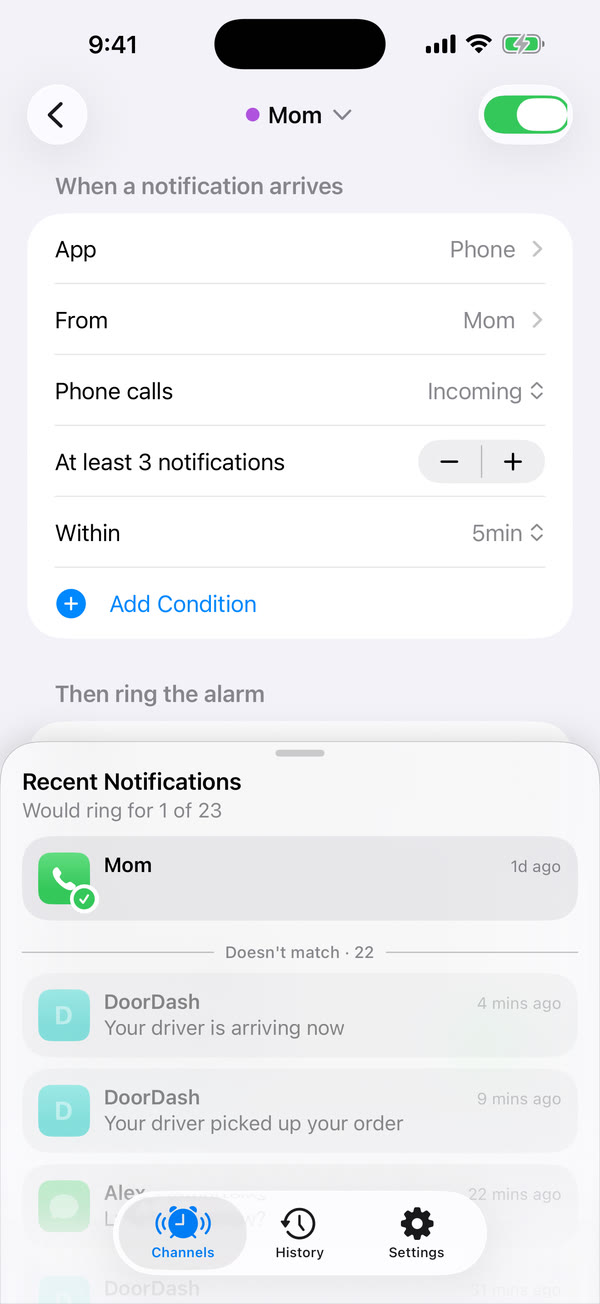 The Mom channel in Hotline: Phone, from Mom, incoming calls, repeated 3 times in 5 minutes, with recent notifications showing which one would ring