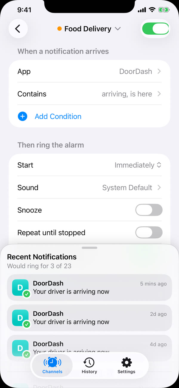 A Hotline channel named Food Delivery: App DoorDash, Contains arriving or is here, Start Immediately, Sound System Default. Below it, Recent Notifications says Would ring for 3 of 23, listing three DoorDash notifications that say Your driver is arriving now.