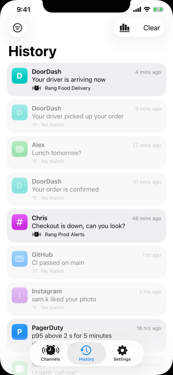 Hotline's History: Your driver is arriving now, Rang Food Delivery; Your driver picked up your order, No match; Lunch tomorrow?, No match; Checkout is down, can you look?, Rang Prod Alerts.