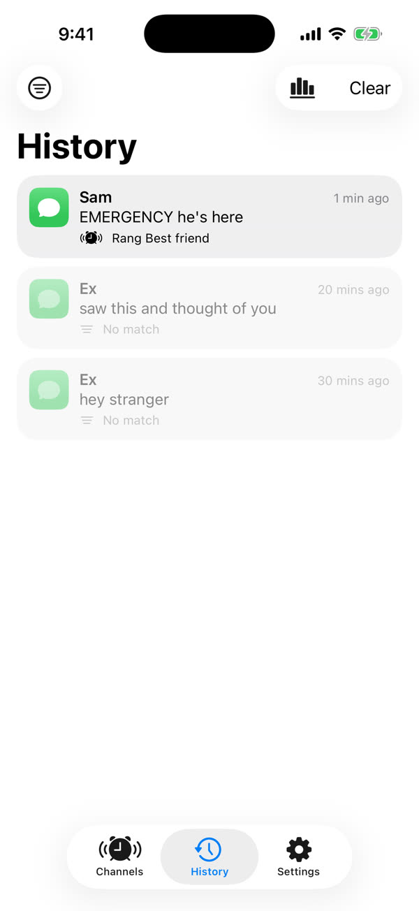 Hotline's History: Sam's message rang the Best friend channel, and two messages from Ex are marked No match