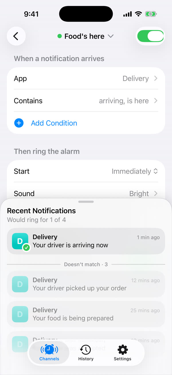 The Food's here channel: app Delivery, contains arriving or is here. Recent notifications show only the driver arriving would ring