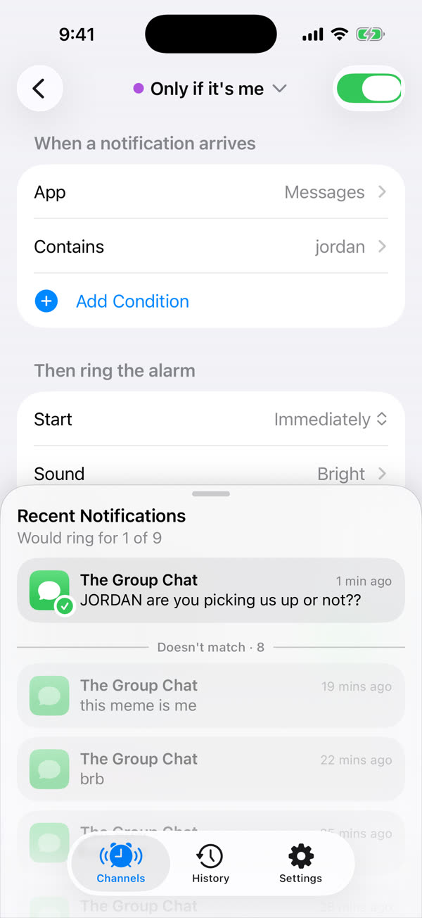 The Only if it's me channel: app Messages, contains jordan. Recent notifications show it would ring for one group chat message out of nine