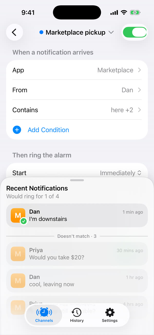 The Marketplace pickup channel: app Marketplace, from Dan, contains here and two more words. Recent notifications show only I'm downstairs would ring