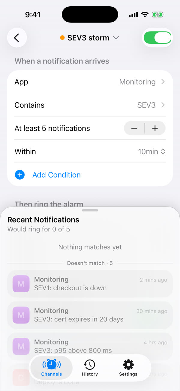 The SEV3 storm channel: app Monitoring, contains SEV3, at least 5 notifications within 10 minutes. Recent notifications show a lone SEV3 doesn't match