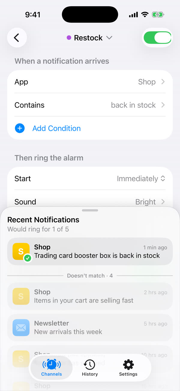 The Restock channel: app Shop, contains back in stock. Recent notifications show only the restock would ring