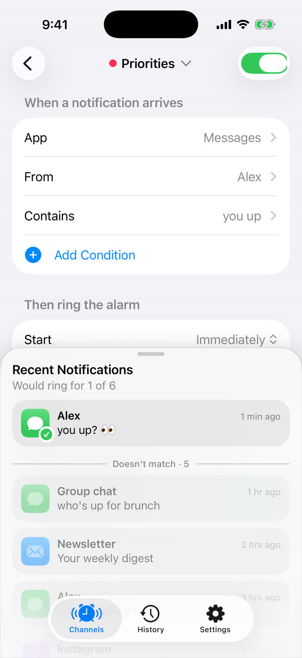 The Priorities channel: app Messages, from Alex, contains you up. Recent notifications show only Alex's you up? would ring